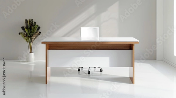 Fototapeta Modern minimalist office desk, product shot with white background, showcasing clean and refined aesthetics. 32k, full ultra HD, high resolution