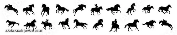 Fototapeta Set of silhouettes of black horses in different poses. Vector isolated on white background