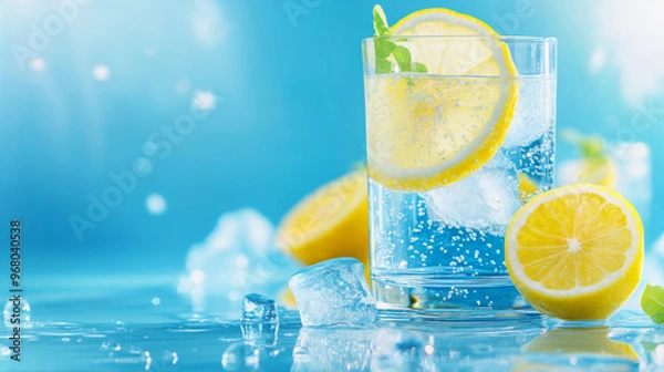 Fototapeta Refreshing sparkling water with lemon slices and ice cubes on a bright blue surface during a sunny day
