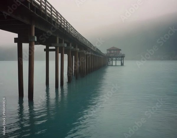 Obraz A Beautiful Serene Lake View Featuring a Wooden Pier Set Within a Misty Landscape Scene