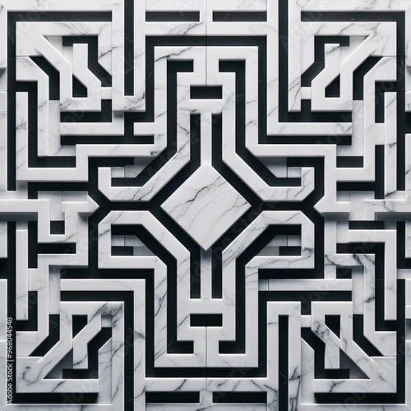 Fototapeta 3d rendering of arabic pattern with white marble and black elements