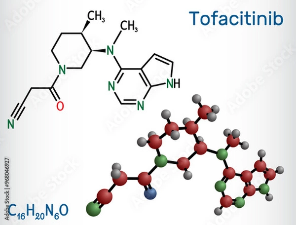 Fototapeta Tofacitinib drug molecule. It is used to treat rheumatic arthritis RA, psoriatic arthritis PsA. Structural chemical formula, molecule model. Vector