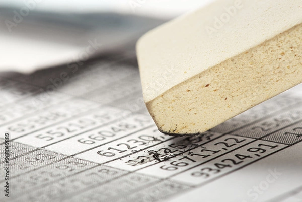 Fototapeta Fix with eraser financial data in document. Concept of banking, financial report and financial audit.