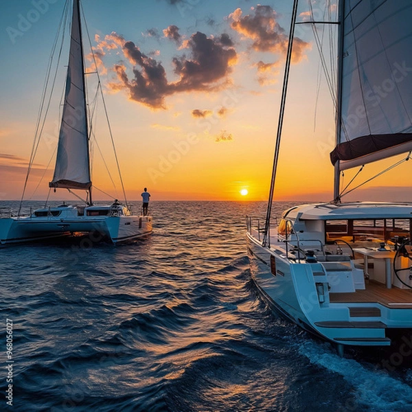 Obraz A monohull sailboat Oceanis 48, is paired, hull to hull, with a catamaran Lagoon 42 in the open sea at sunset. they are moored to each other
