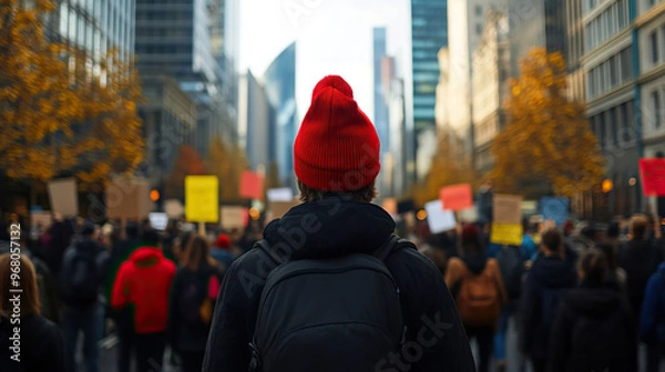Fototapeta A crowd gathers for a protest, featuring a person in a red hat. The atmosphere is charged with energy and determination.