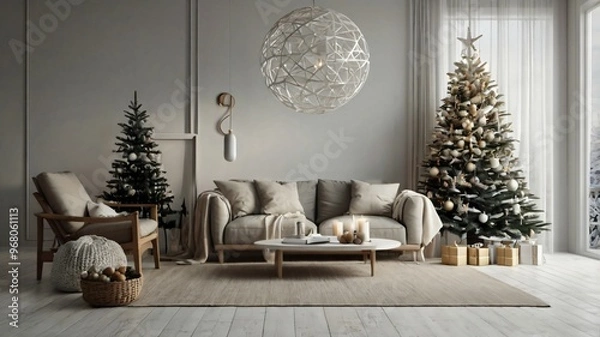 Fototapeta Minimalist Scandinavian Christmas Interior with White Decor, Ai Generated Images