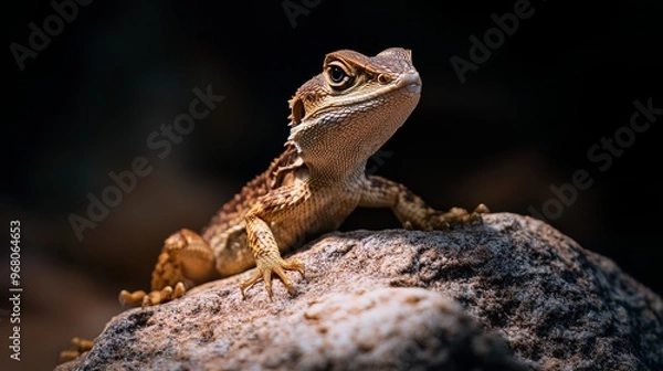 Fototapeta Close-Up Portrait of a Brown Lizard on a Rock