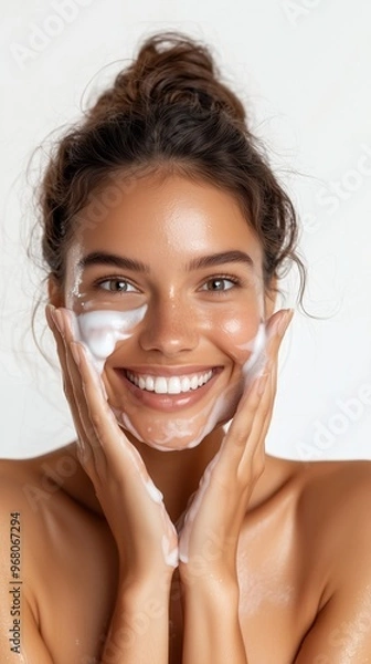Fototapeta Woman washing face with cleanser, smiling joyfully, fresh clean skin routine