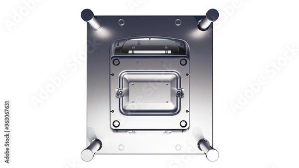 Obraz top view of a 3D injection mold, plastic, resin, mold. Cups, boxes, toolboxes. The production process for Plastic injection mold. Injection molding machine used for the forming of plastic parts using 