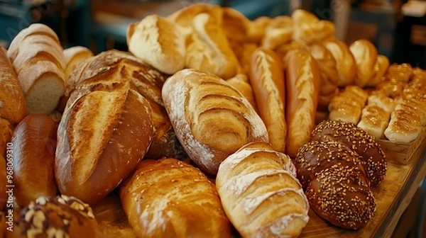 Fototapeta Freshly baked bread displayed on a wooden countertop