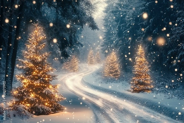 Obraz Snowy Forest Path with Christmas Trees and Lights