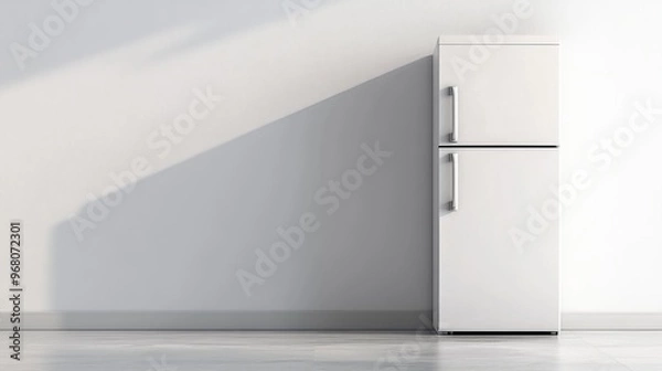 Fototapeta A white refrigerator stands against the wall, its sleek door hiding the cold, empty interior. Its blank surface invites decoration, while its internal space offers ample storage for food and drinks