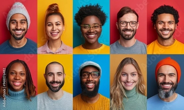 Fototapeta A vibrant collage of happy individuals showcasing diverse expressions against colorful backgrounds in a cheerful studio setting
