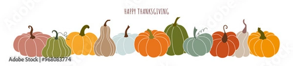 Fototapeta Beautiful colorful pumpkins. Horizontal border, pumpkin frame for Thanksgiving. Seasonal vector background design.