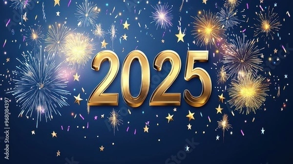 Fototapeta A vibrant wallpaper banner showcases the year 2025 in bold gold with colorful fireworks and stars, ideal for celebrations and parties