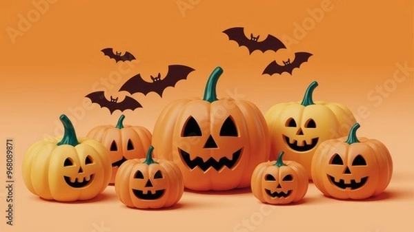Fototapeta A festive arrangement of carved pumpkins with cheerful faces against an orange backdrop, complemented by playful black bats for a Halloween theme