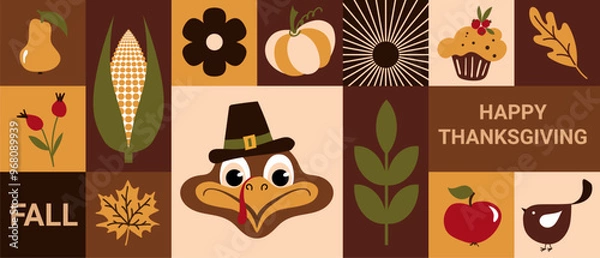 Fototapeta Autumn geometric collage. HAPPY THANKSGIVING. Mosaic illustration. A set of design elements in a flat style. Vector poster, postcard, banner, invitation. Suitable for branding, packaging decoration.