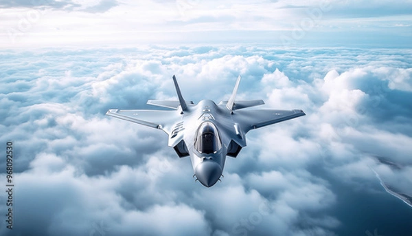 Obraz Top view of modern Fighting stealth multirole combat aircraft flying above clouds over deserted dry mountains and desert below. Military technology and defence industry concept