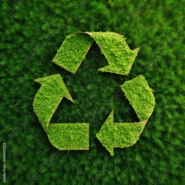 Fototapeta Green Recycling Symbol on Grassy Background