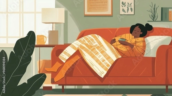 Fototapeta A woman relaxes on a cozy orange couch, wrapped in a blanket, enjoying her phone in a warmly decorated living room during the afternoon