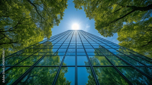 Fototapeta A green building with glass and trees against a blue sky background