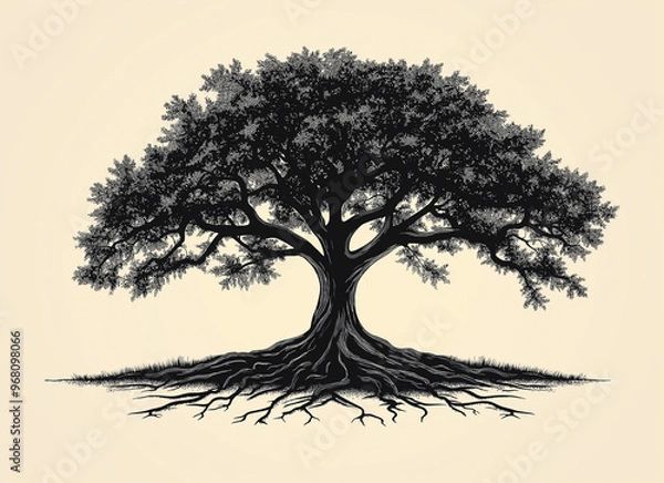Fototapeta A vector illustration of an oak tree with roots