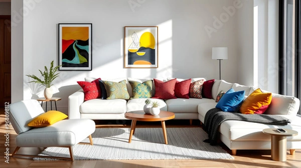Fototapeta Luxurious modern living room Bright and stylish with multicolored furniture inspired by mid century Scandinavian design trends