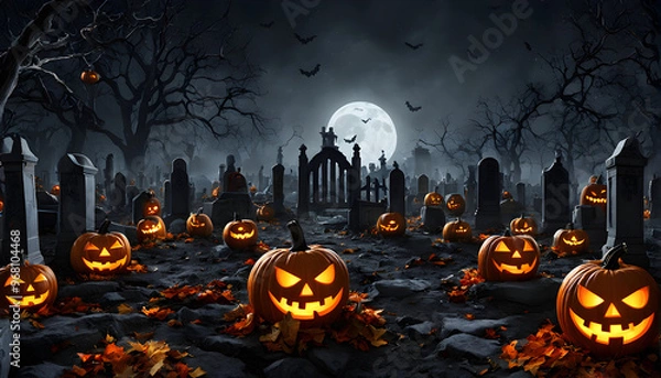 Fototapeta Spooky Halloween Graveyard Scene with Pumpkins, Zombies, and Full Moon