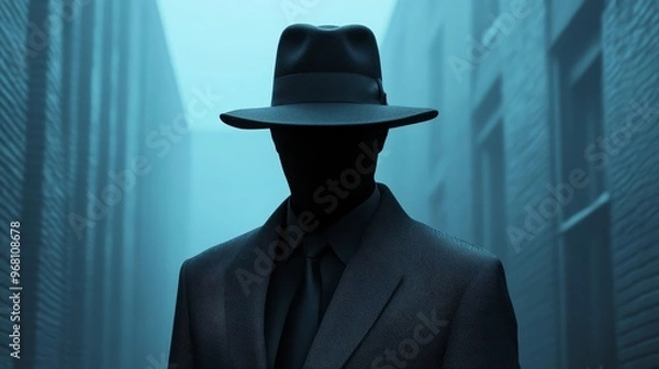 Obraz A man in a black suit and hat is standing in a dark alleyway
