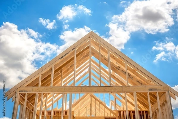 Fototapeta Wooden house frame structure made of laminated veneer lumber. Frame of the Cottage or House.