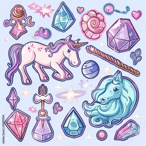 Obraz A sticker sheet showcasing a collection of magical fantasy elements