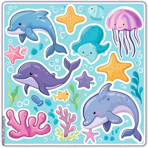 Obraz A sticker sheet featuring cute and colorful sea creatures