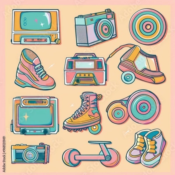 Obraz sticker sheet with a vintage aesthetic, featuring retro icons