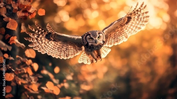 Obraz An Owl in Flight with Autumn Leaves Blurred in the Background