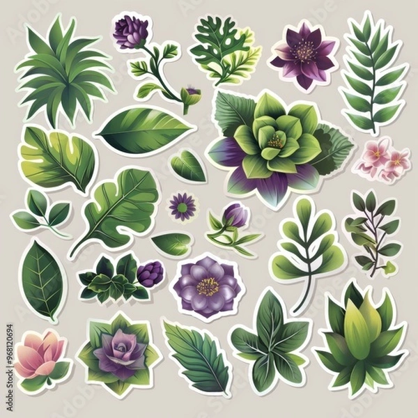 Obraz A sticker sheet with a botanical theme, featuring different types of leaves, flowers, and succulents