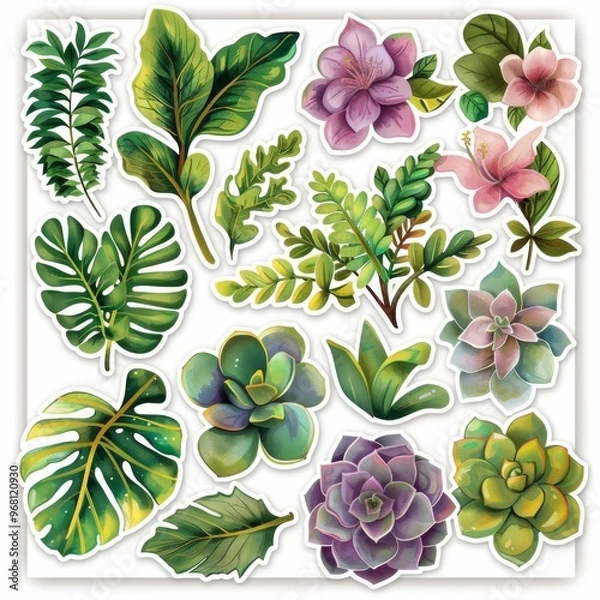 Obraz A sticker sheet with a botanical theme, featuring different types of leaves, flowers, and succulents