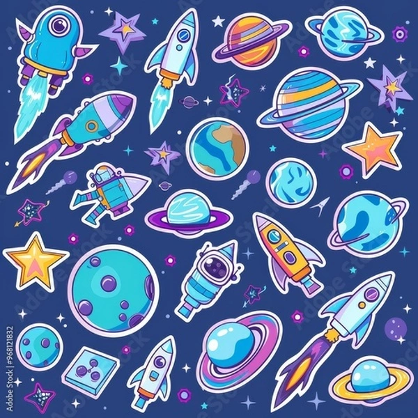 Obraz A sticker sheet featuring a variety of space-themed icons, including planets, rockets, stars, and astronauts