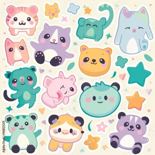 Fototapeta A sticker sheet featuring a variety of cute animals, including cats, pandas, and sloths