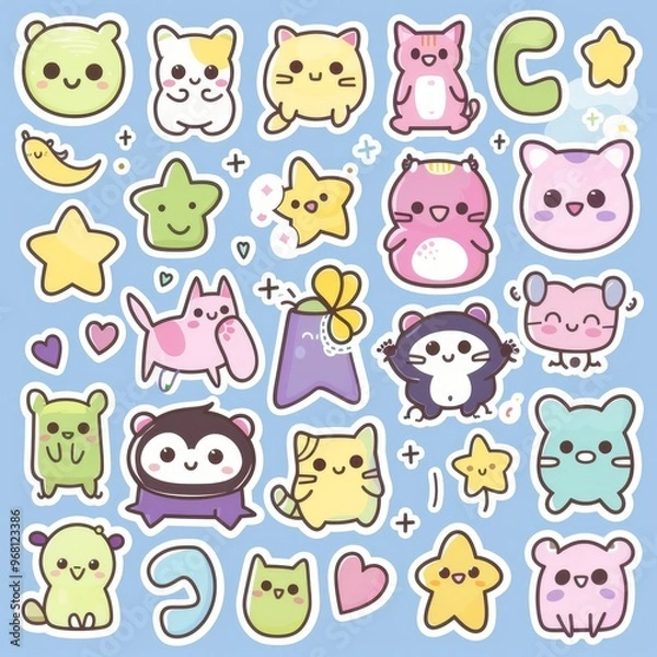 Fototapeta A sticker sheet featuring a variety of cute animals, including cats, pandas, and sloths