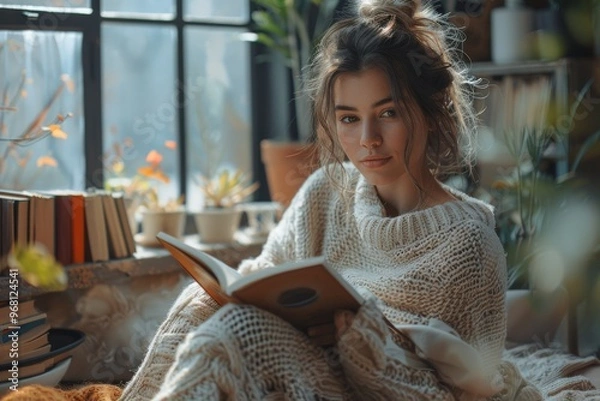 Obraz A young woman sitting on a windowsill, reading a book 