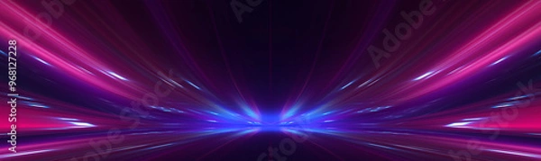 Fototapeta Empty neon studio stage, rays, horizon.