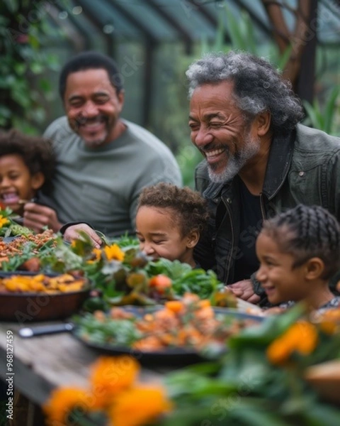Obraz a multi-generational family gathered in a backyard, laughing and enjoying a meal together
