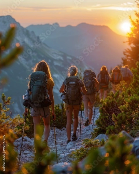 Obraz A group of friends hiking up a mountain trail