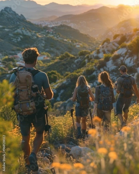 Obraz A group of friends hiking up a mountain trail