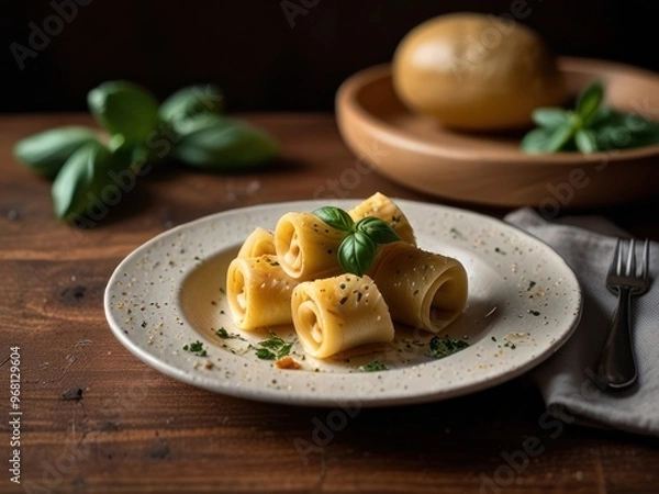 Obraz Elegant Paccheri Pasta Rolls Topped with Fresh Basil and Seasoning