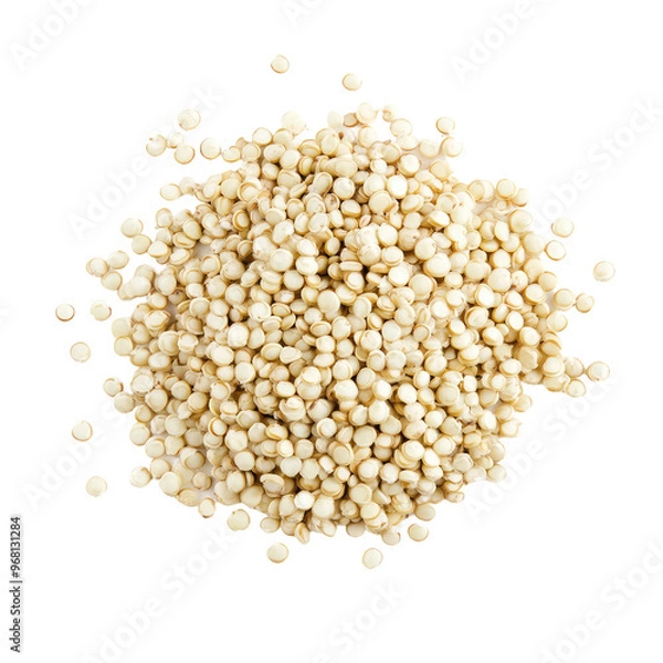 Fototapeta A close-up of uncooked white quinoa seeds, showcasing their small, round shape and creamy white color.