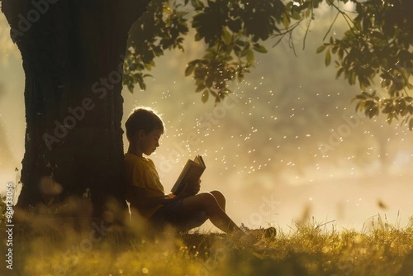 Fototapeta Boy sitting under a tree reading book