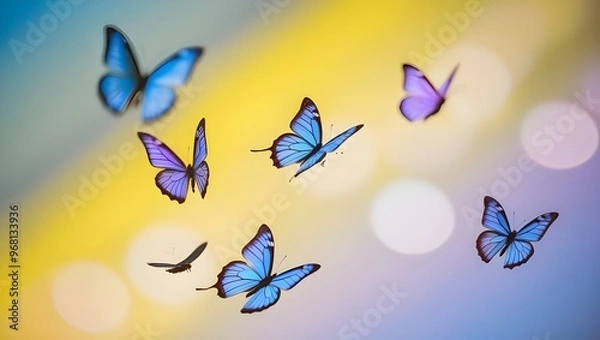 Fototapeta Close-Up of Flying Butterflies Against a Blue and Yellow Background: A Beautiful and Vibrant Display of Nature in Motion"