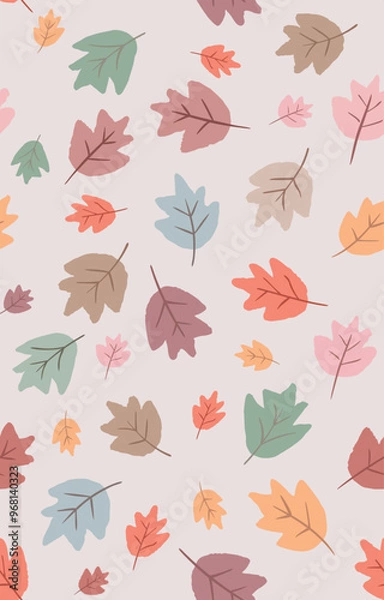 Fototapeta Illustration of colorful and stylized leaves scattered randomly. Repeated pattern design for fabrics, gift wrap, decoration, etc.