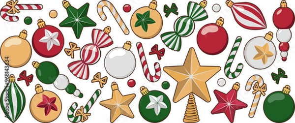 Fototapeta Set of Christmas tree decorations of different shapes. Gold, green, red and white Christmas tree decorations. Balls, stars, candies, icicles. Isolated on white background vector illustration.